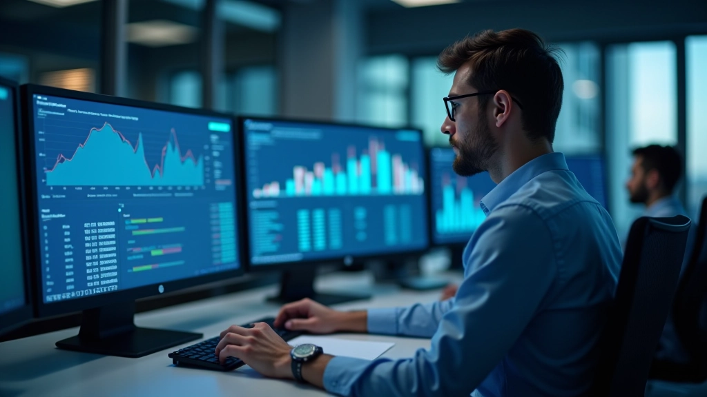 Analystentisch mit mehreren Monitoren zeigt wirtschaftliche Daten, Tabellen und BIP-Prognosen für Deutschland