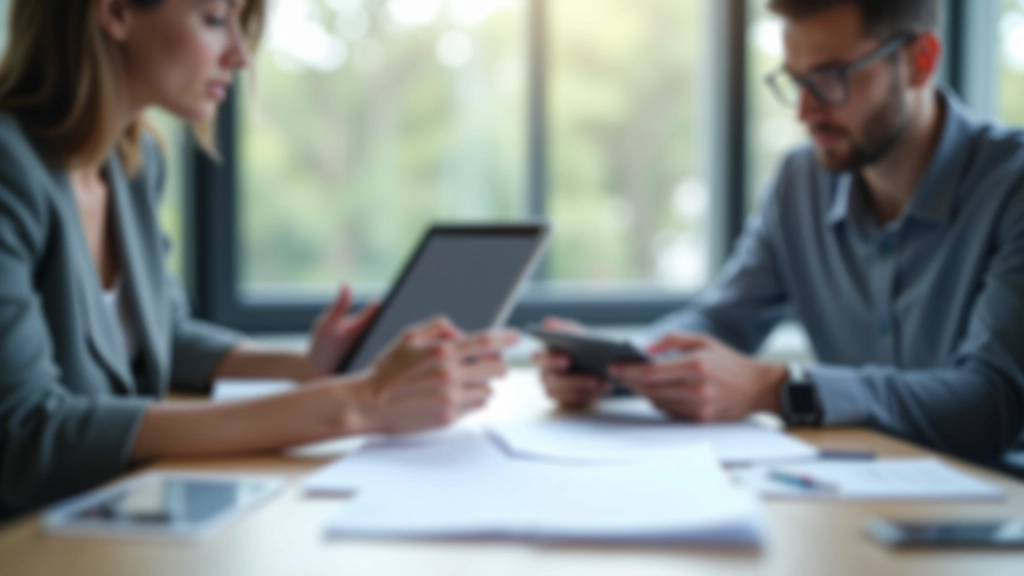 Ältere und jüngere Arbeitnehmer arbeiten gemeinsam am Schreibtisch mit Dokumenten und Tablet in einem hellen Büro