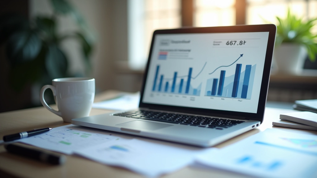 Grafik zeigt steigende und fallende Linien auf einem modernen Monitor in einem Büro mit Dokumenten