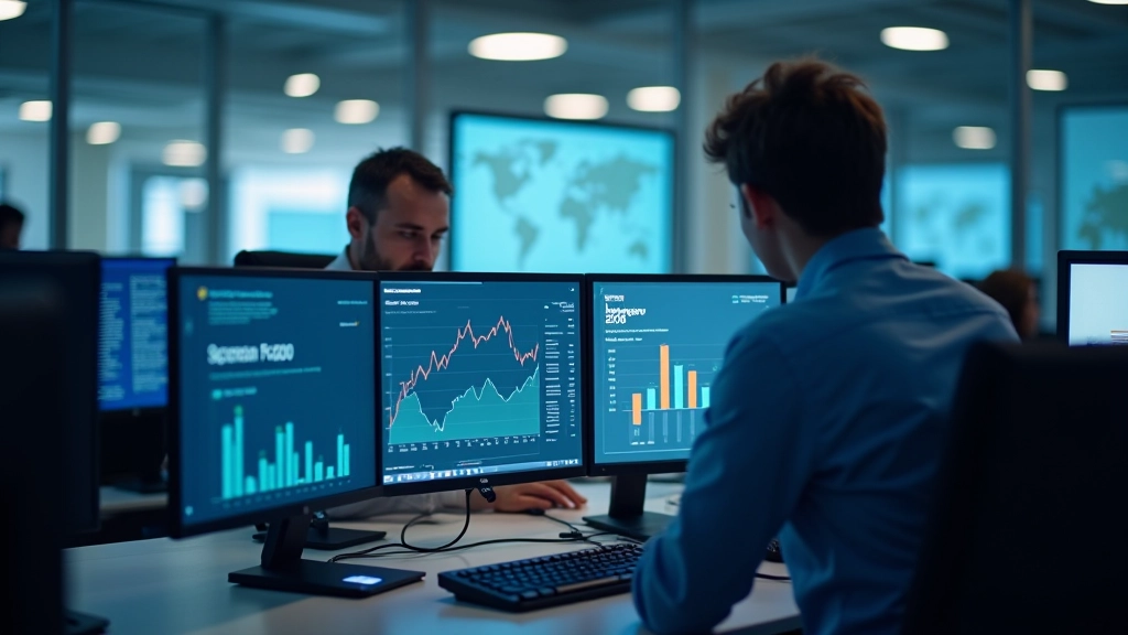 Moderne Büroumgebung mit mehreren Monitoren, die Wirtschaftsdaten und demografische Statistiken darstellen